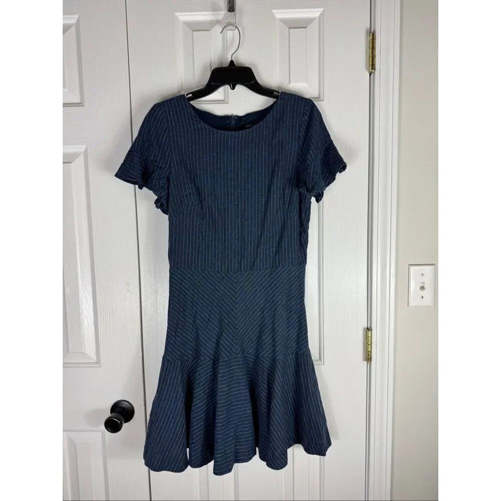 NWT Banana Republic Womens Linen Blend Navy Pinstriped Dress Size 10